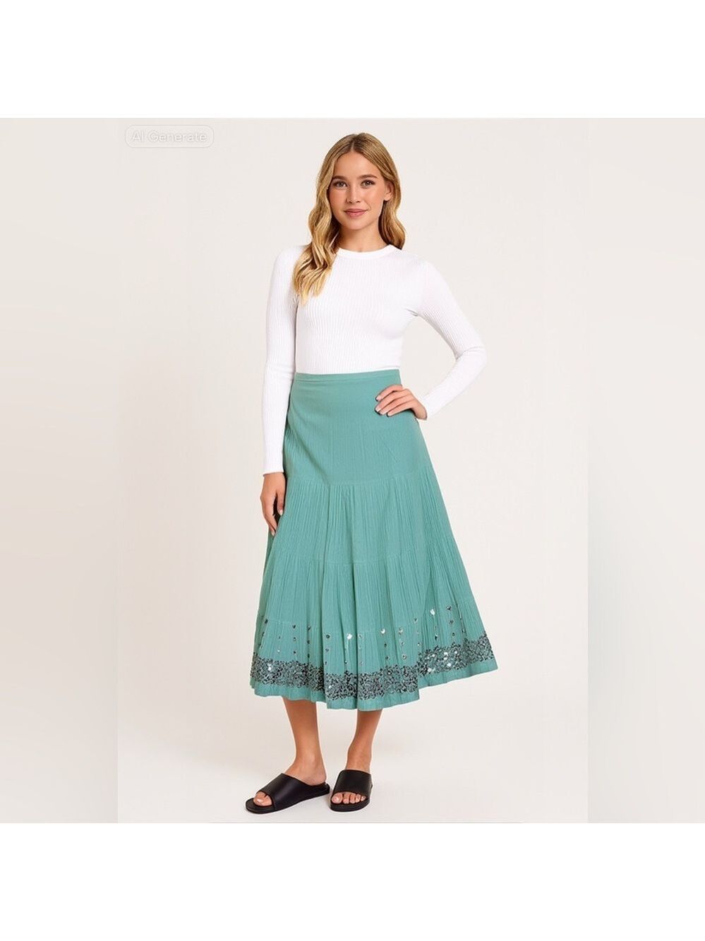 Sweet by Miss Me Mint A-Line Skirt with Sequin Hem size L - Picture 2 of 11